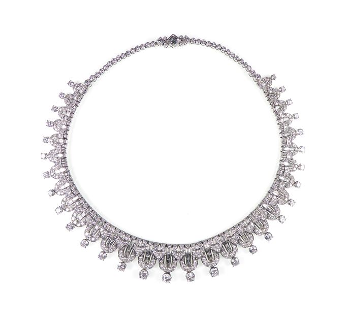 Round brilliant and baguette cut diamond geometric fringe necklace | MasterArt